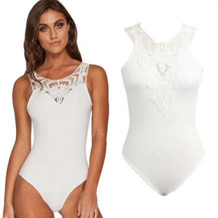 New Sexy Mulheres Backless Bodysuit Macacão Lace O-Neck mangas Nightclub estiramento One Piece curto macacão branco