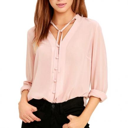 Sexy Mulheres Sheer Chiffon blusa fina Sólidos Único Breasted V-Neck mangas compridas Casual Top elegante camiseta rosa