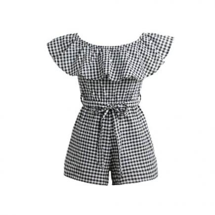 Mulheres Jumpsuit Off Plaid Ruffle Coveralls Romper Playsuit Beachwear Com Cinto Preto