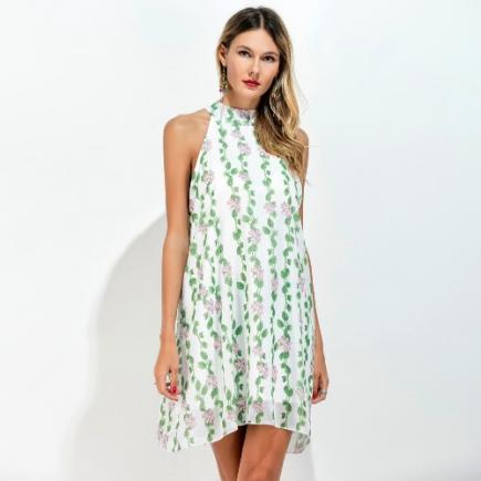 Deixa as mulheres vestido de chiffon Choker Impressão floral alta Neck mangas soltas fresco A-linha Mini vestido Green Light