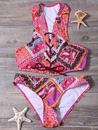 Lace Up Tribal Print Bikini Set