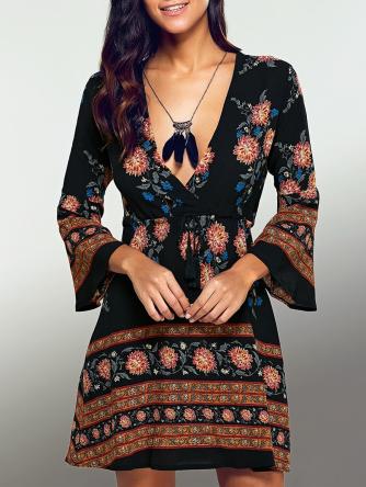 Printed Drawstring Plunging Neck Dress