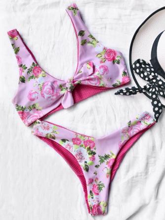 Floral Print Knotted High Cut Bikini Set