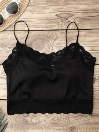 Satin Lace Panel Cropped Top