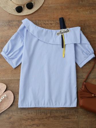 Skew Neck Applique Striped Blouse