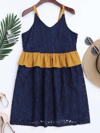 Color Block Ruffles Lace Dress