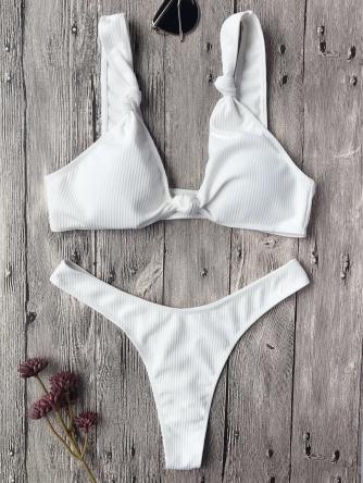 Textured Knotted Bralette Thong Bikini Set