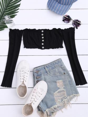 Button Up Off Shoulder Cropped Top