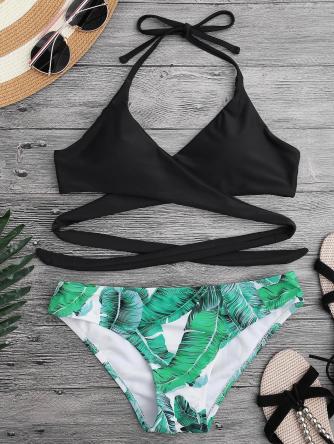 Padded Leaf Print Wrap Bikini Set