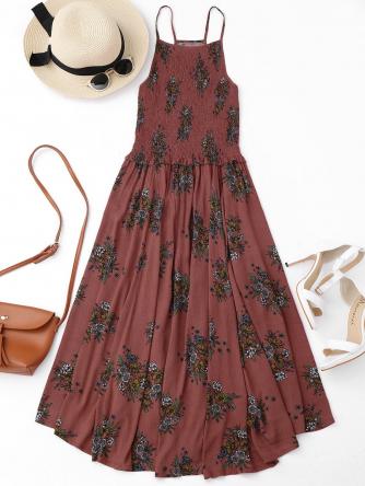 Floral A-Line Smocked Midi Dress