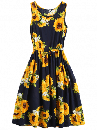 Sleeveless Drawstring Waist Sunflower Dress