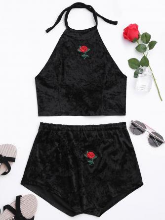 Backless Velvet Cropped Top and Floral Patched Shorts