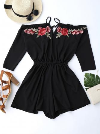 Floral Applique Cold Shoulder Romper