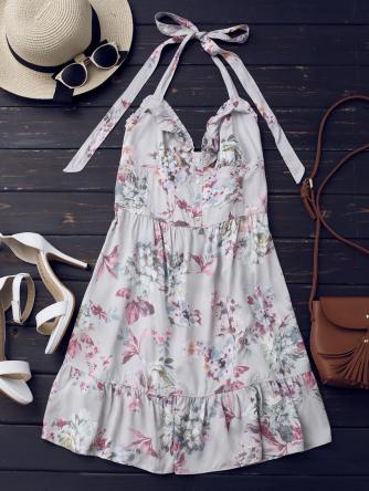 Half Buttoned Ruffles Floral Mini Dress