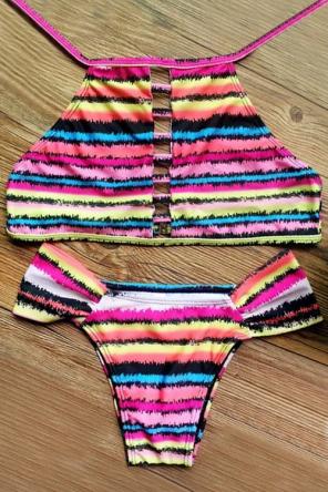 Colored Stripe High Neck Bikini Set