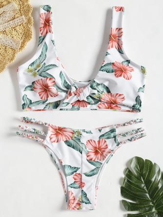 Front Knotted Floral Braided Bikini Set