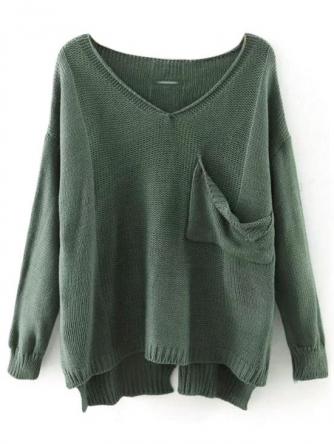 V Neck Cutout High Low Sweater