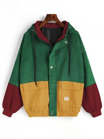 Hooded Color Block Corduroy Jacket