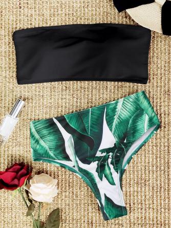 Palm Leaf Strapless High Cut Bikini Set