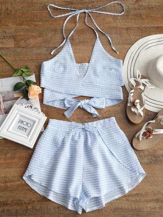 Seersucker Striped Wrap Top and Shorts Set