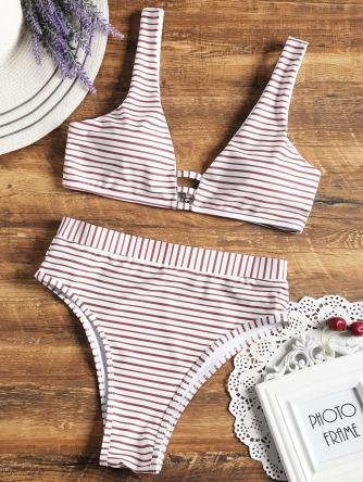 High Cut Striped Bikini Set