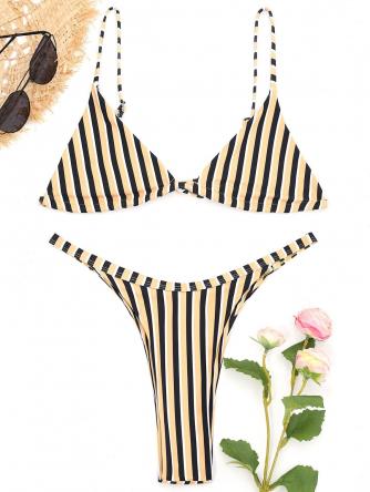 Bralette Striped Bikini Bra And Thong Bottoms