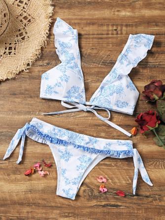 Low Cut Tiny Floral Ruffles Bikini