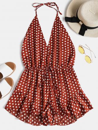 Polka Dot Backless Halter Romper