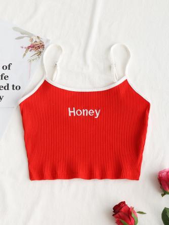 Ribbed Cropped Honey Embroidered Tank Top