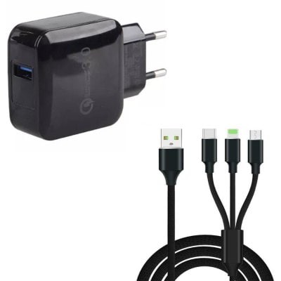 Quick Charge 3.0 USB Wall Charger EU Plug + 3 in 1 Type-C + 8 Pin + Micro USB Data Charging Cable