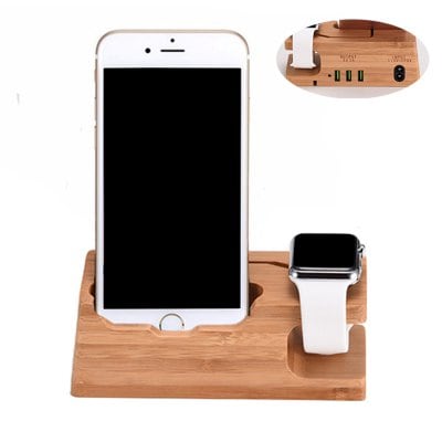 Bamboo Wooden Charging Base US Plug Phone Stand for Apple Watch iPhone 5 / 5S / SE /  6 /  6S /  6Plus /  7 /  7Plus /  8 / X