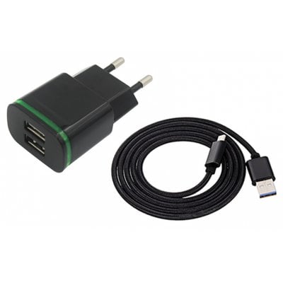 2-PORT 5V Fast-Charging Eu Plug Power Charger + Usb 3.1 Type C Cable