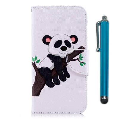 for iPhone X Painted PU Leather Phone Protective Case With Stylus - Tree Panda