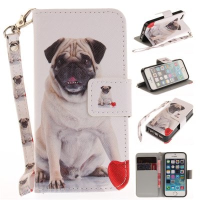 Cover Case for IPhone 5 5S SE Pug PU+TPU Leather with Stand and Card Slots Magnetic Closure