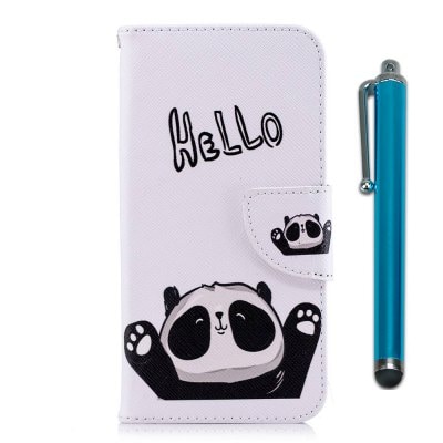 for iPhone X  Painted PU Leather Phone Protective Case With Stylus - Hello Panda