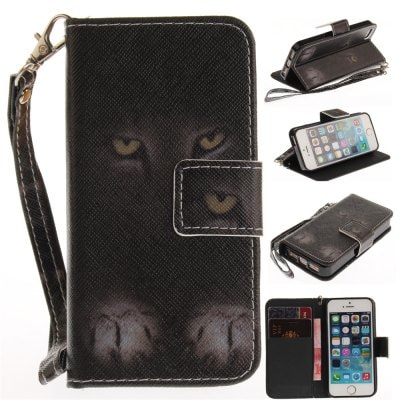 Cover Case for IPhone 5 5S SE Mystery Cat PU+TPU Leather with Stand and Card Slots Magnetic Closure