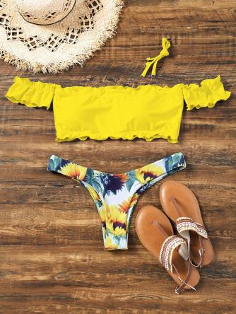 Sunflower Off Shoulder Lettuce Hem Bikini