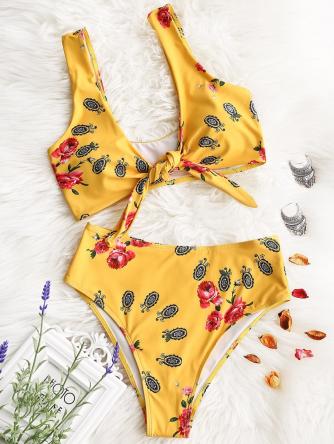 Printed Knotted High Cut Bikini