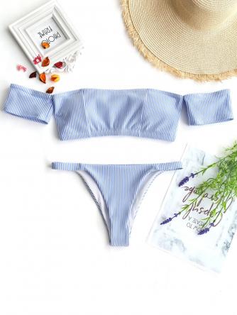 Off Shoulder Striped Thong Bikini