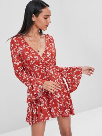 Surplice Floral Flare Sleeve Dress