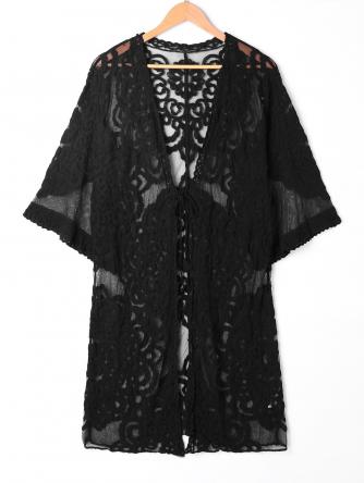 Sheer Lace Embroidered Kimono Cover Up