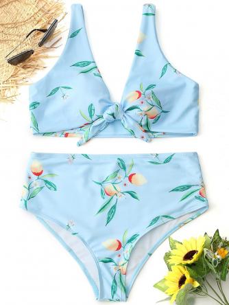 Tied Lemon Print High Waisted Bikini Set