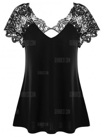 Plus Size Cutwork Lace Trim T-Shirt