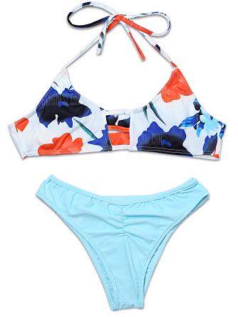 Female Sexy Flower Pattern Two-piece Bikini Tops Briefs