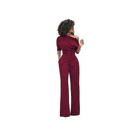 Women Off The Shoulder Elegant Jumpsuits Women Plus Size Rompers Womens Jumpsuits Short Sleeve Female Overalls-wine Red