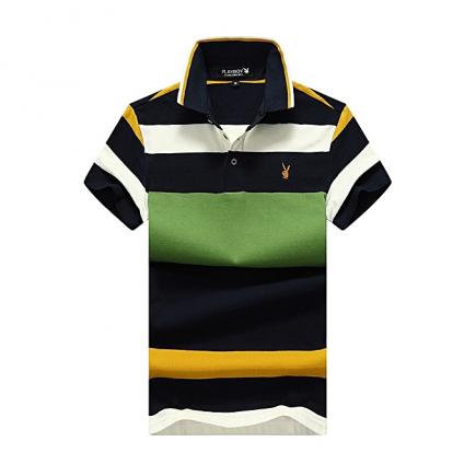 Men Polo Shirt Casual Striped Cotton Polo Short Sleeve-green (1 Unit Per Customer)