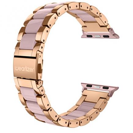 Wearlizer Compatible Apple Watch Band 38mm 40mm Fashion Wristbands Womens iWatch Stainless Steel and Resin Replacement Strap Bracelet Metal Clasp Series 4 3 2 1 Sport Edition-Dark Rose Gold+Pink