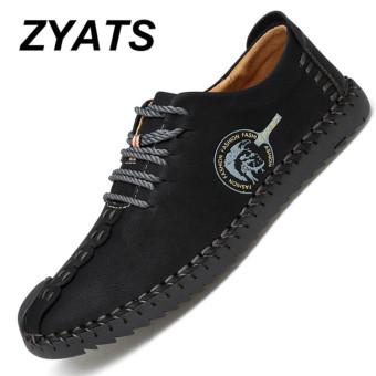 ZYATS Kulit Men's Flats Sepatu Moccasin Casual Loafers Besar Ukuran 38-46 Hitam