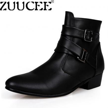 ZUUCEE Pria Menunjuk Kulit Sepatu Pertengahan Betis Boots Buckle Flats Sepatu (hitam)-Intl