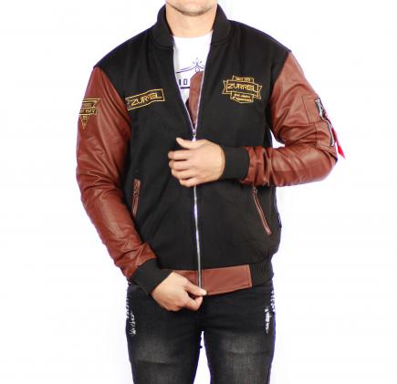 Jaket Pria Bomber Pilot Original Zurrel Kulit Combi Fleece [Black-Brown]